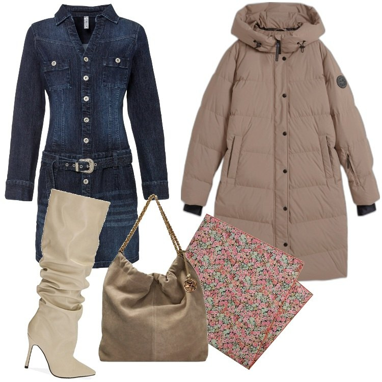 Outfit donna - L\' Abito di jeans-Dicembre. Stile Sporty chic per Tutti i giorni. Abbinamento con vestiti, piumini, stivali, borse a spalla, sciarpe.