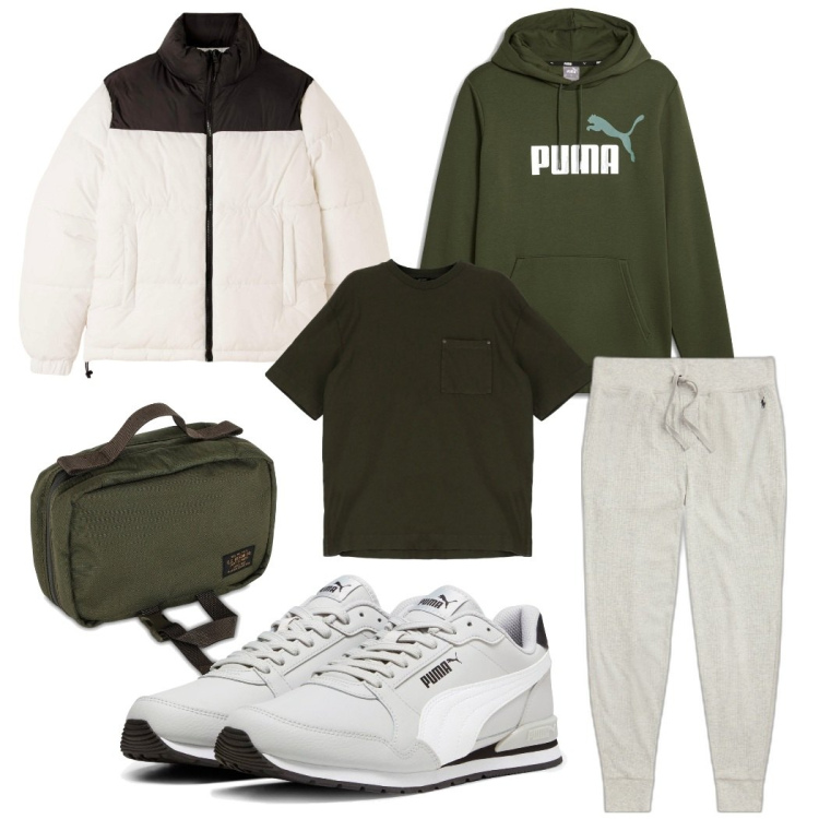 Outfit uomo - Comodo e sporty. Stile Trendy per Sport. Abbinamento con t-shirt, piumini, pantaloni, felpe con cappuccio, sneakers alte, borse sportive.