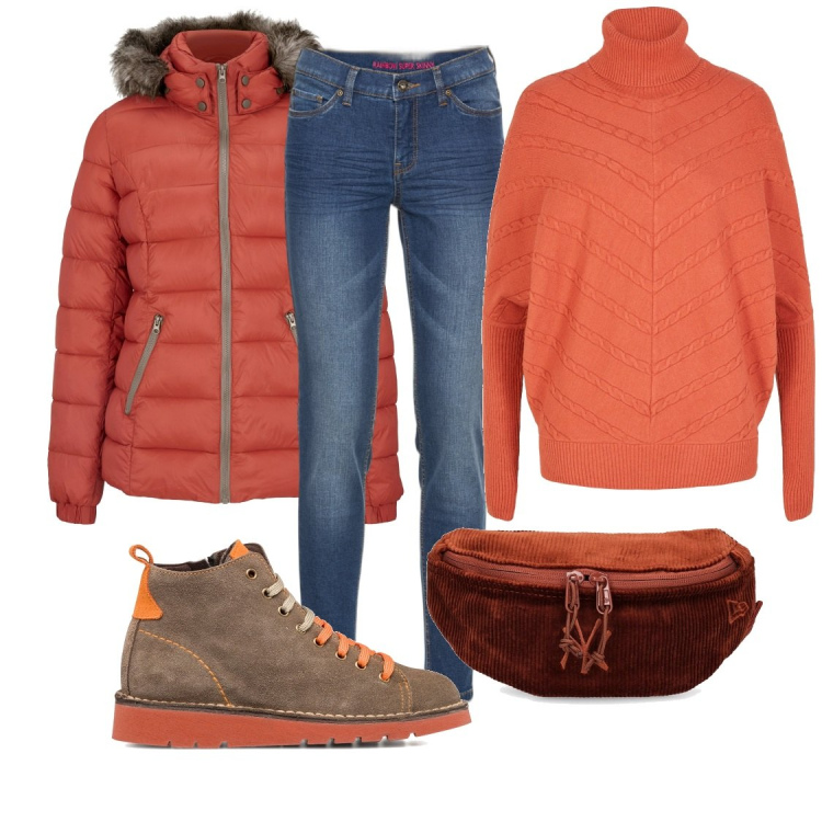 Outfit donna - Piumino arancione. Stile Casual per Scuola/Università. Abbinamento con jeans skinny, piumini, maglieria, stivaletti, marsupi.