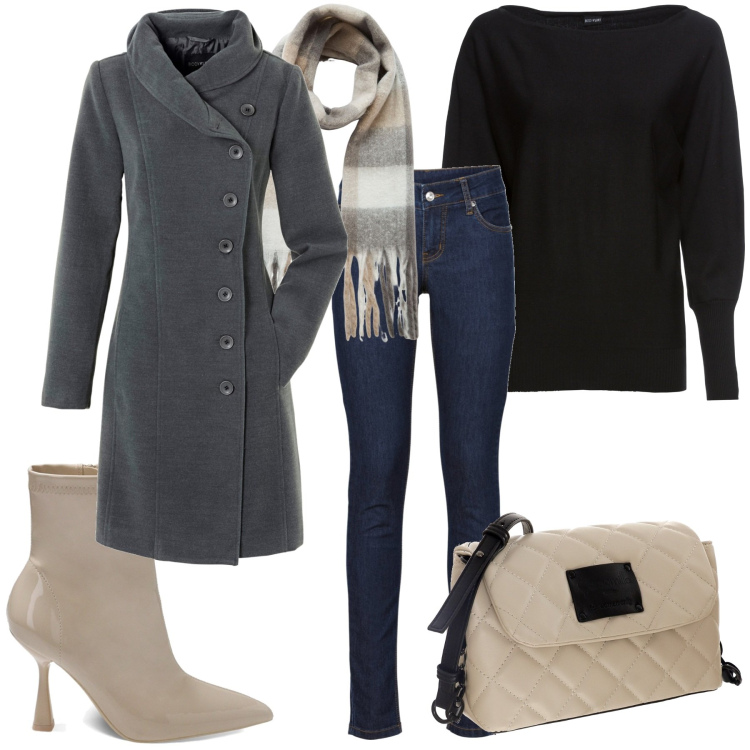 Outfit donna - Sfumature di beige. Stile Casual chic per Tutti i giorni. Abbinamento con cappotti, maglieria, jeans skinny, sciarpe, stivaletti, borse a tracolla.