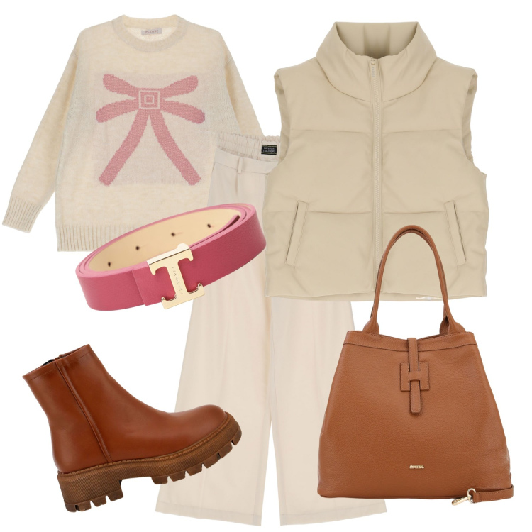 Outfit donna - Bella aL calduccio. Abbinamento con pullovers, piumini, borse a secchiello, stivaletti, pantaloni a palazzo, cinture.