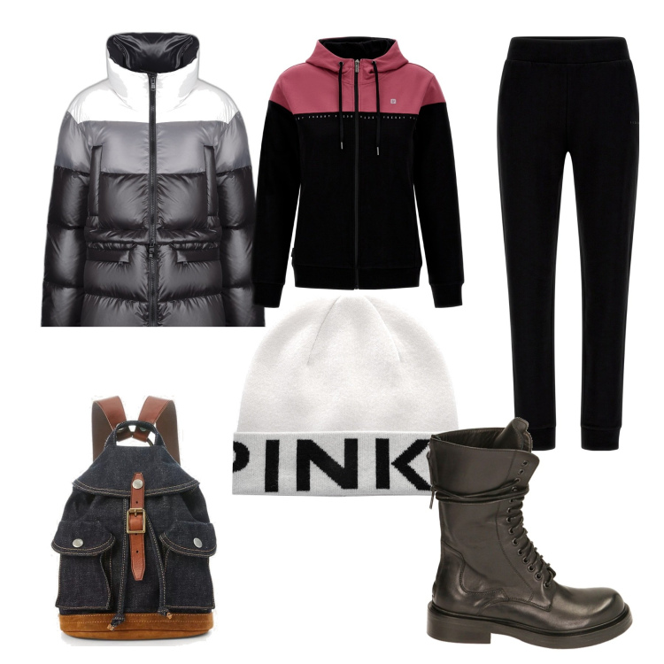 Outfit donna - In montagna. Stile Casual per Sport. Abbinamento con berretti, tute, anfibi, piumini, zaini.