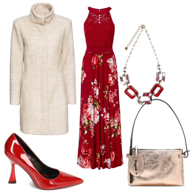 Outfit donna - Meravigliosa in rosso. Stile Glamour per Serata fuori. Abbinamento con cappotti, vestiti lunghi, décolleté, collane, borse a mano.