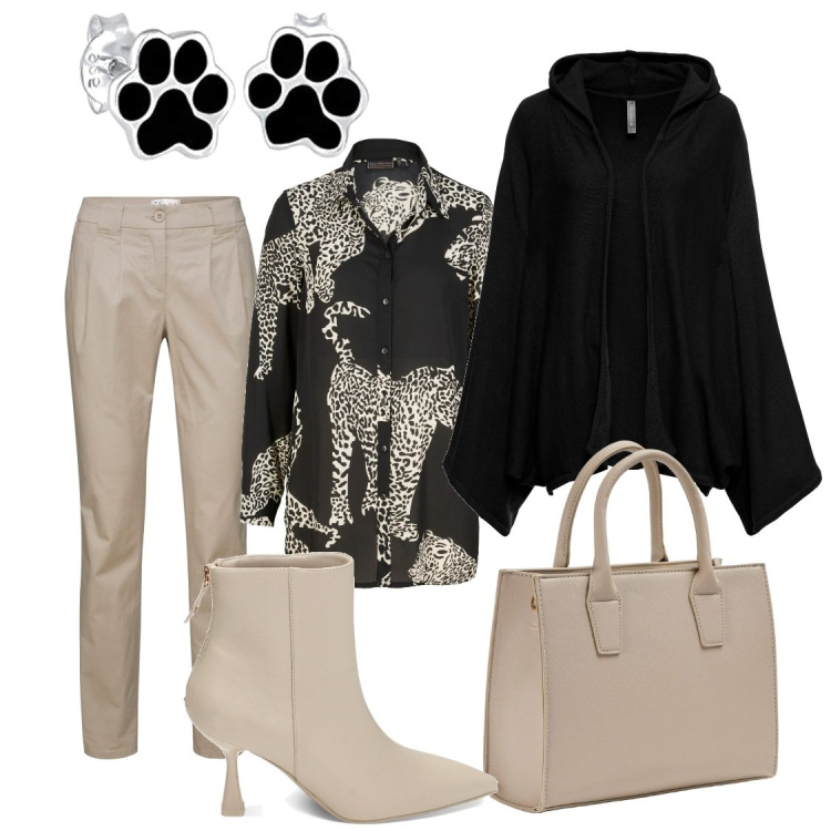 Outfit donna - Look felino. Stile Casual chic per Tutti i giorni. Abbinamento con pantaloni chino, camicie, cardigans, shopping bag, stivaletti, orecchini.