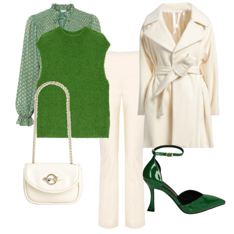 Outfit donna - Verde e beige. Stile Casual chic per Tutti i giorni. Abbinamento con bluse, cappotti, borse a spalla, pantaloni, décolleté, gilet.
