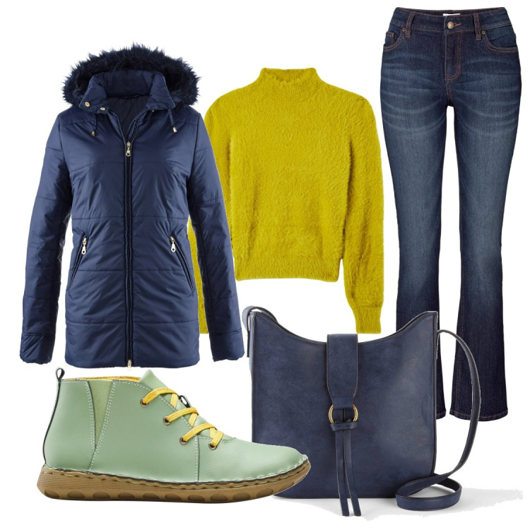 Outfit donna - Look comodo. Stile Basic per Scuola/Università. Abbinamento con jeans bootcut, stivaletti, cappotti, borse a tracolla, maglieria.