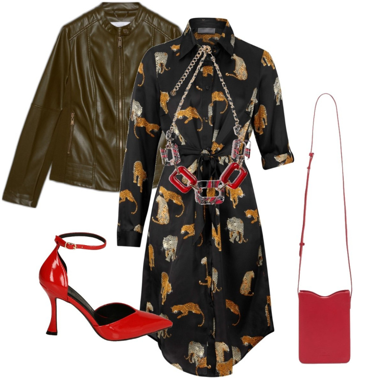 Outfit donna - Tacchi rossi per le feste. Stile Sexy per Serata fuori. Abbinamento con vestiti chemisier, décolleté, collane, borse a tracolla, cappotti.