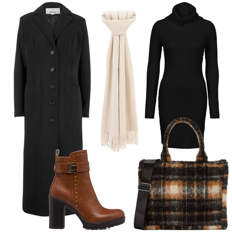 Outfit donna - Borsa peluche tartan. Stile Minimal per Tutti i giorni. Abbinamento con vestiti, cappotti, shopping bag, sciarpe, stivaletti.