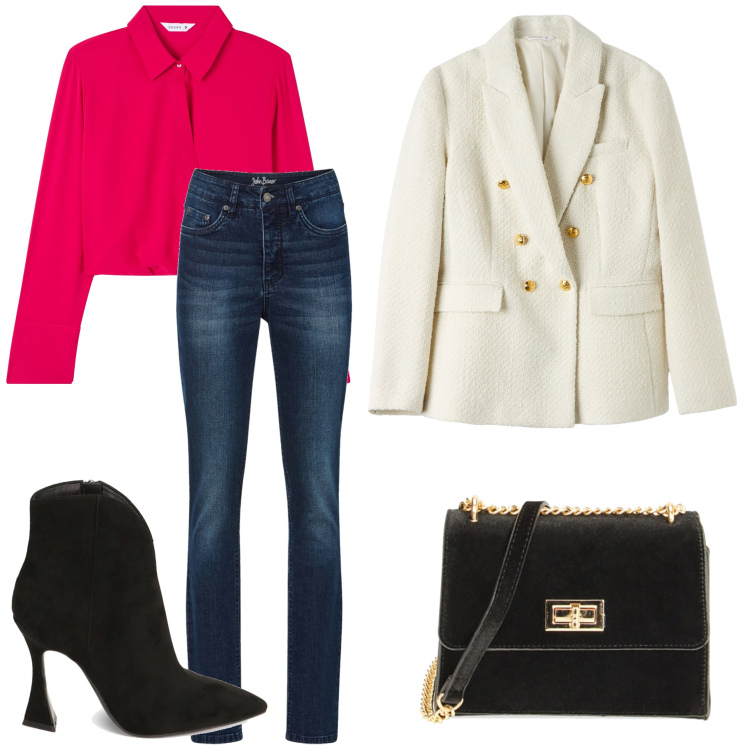 Outfit donna - Promenade. Stile Casual chic per Tutti i giorni. Abbinamento con jeans skinny, blazer, bluse, stivaletti, borse a tracolla.
