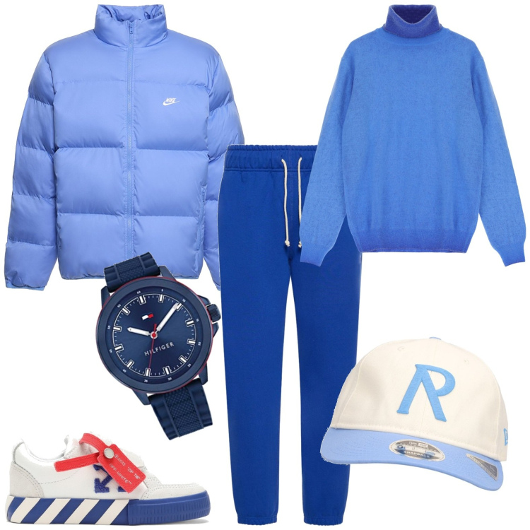 Outfit uomo - Sportivo. Stile Casual Abbinamento con maglieria, sneakers, pantaloni, piumini, cappelli, orologi analogici.