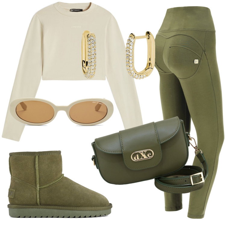 Outfit donna - Green lover. Stile Sporty chic per Tutti i giorni. Abbinamento con orecchini, pantaloni skinny, maglieria, pochette, stivali, occhiali da sole.
