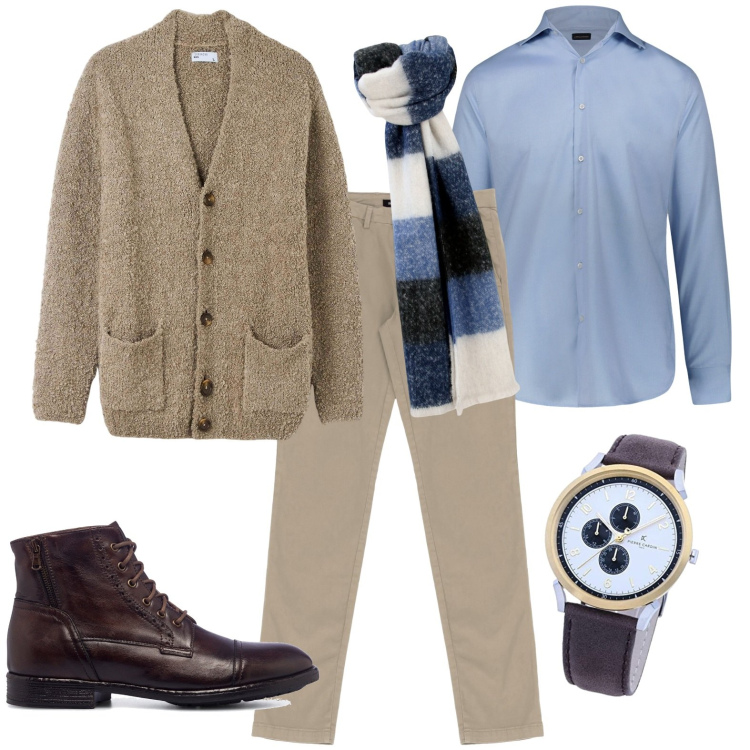 Outfit uomo - Party. Stile Casual per Tutti i giorni. Abbinamento con pantaloni, sciarpe, camicie, anfibi, cardigans, orologi.