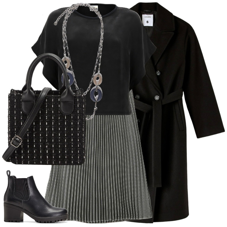 Outfit donna - Daily outfit for work. Stile Urban per Ufficio. Abbinamento con stivaletti chelsea, gonne longuette, cappotti, shopping bag, maglieria, ciondoli.
