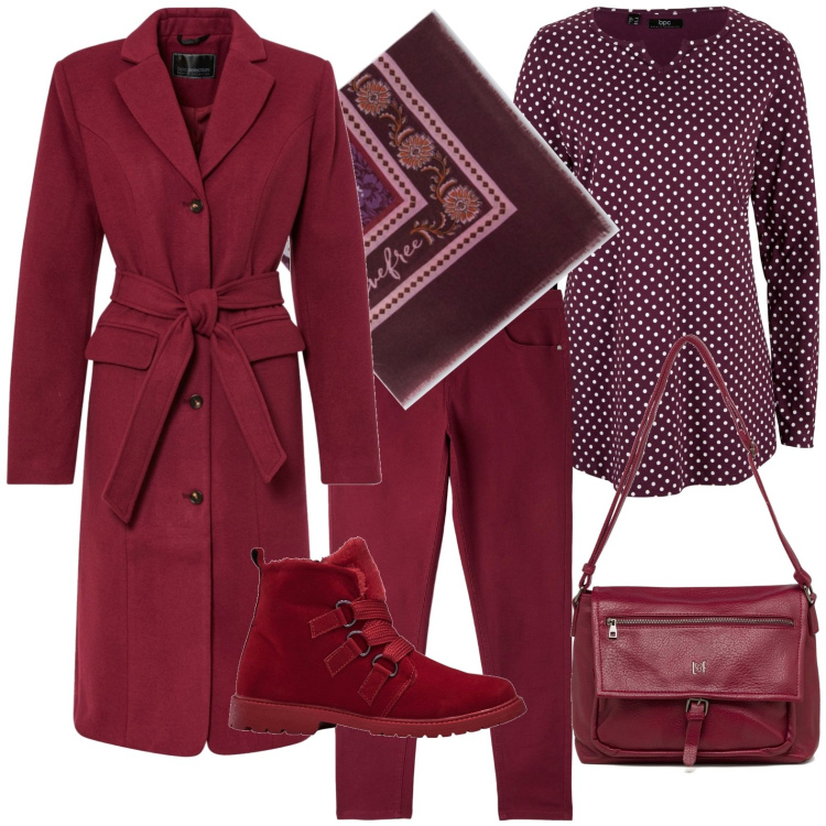 Outfit donna - Bordeaux. Stile Casual chic per Tutti i giorni. Abbinamento con maglieria, cappotti, stivaletti, pantaloni, borse a tracolla, foulard.
