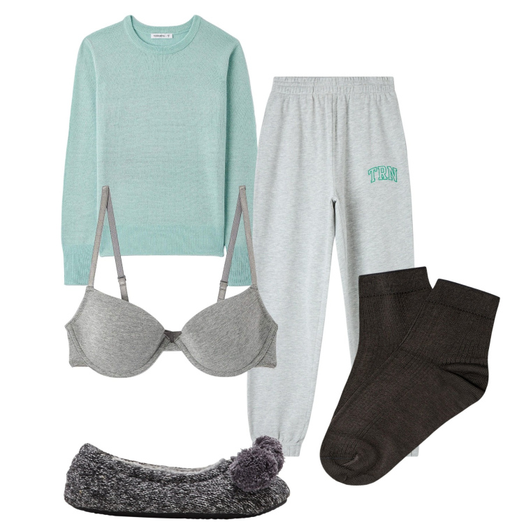 Outfit donna - Comfort. Stile Casual per Tutti i giorni. Abbinamento con pantofole, pantaloni, maglieria, reggiseni, collant.