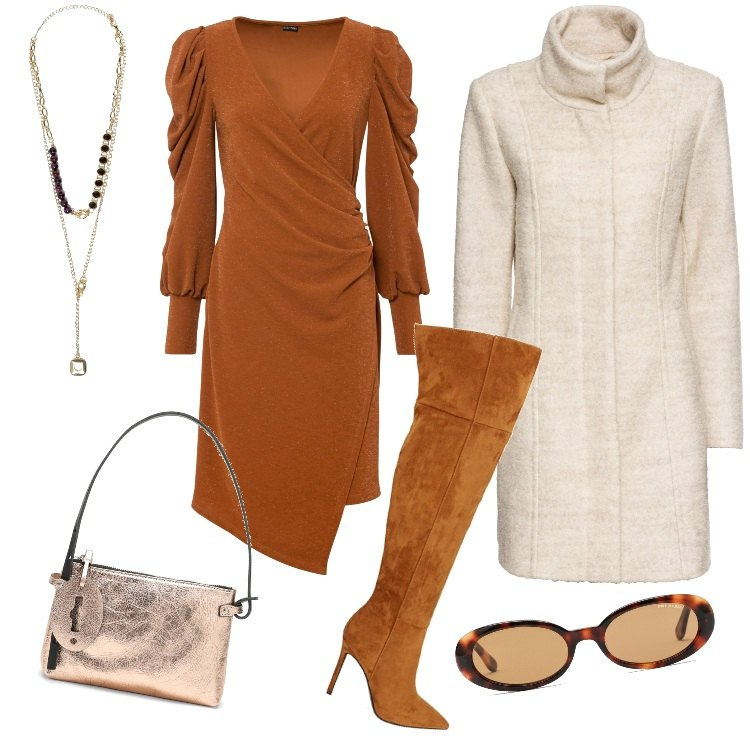 Outfit donna - L\'Abito glitterato-Dicembre. Stile Glamour per Ufficio. Abbinamento con cappotti, vestiti, stivali, occhiali da sole, collane, borse a mano.