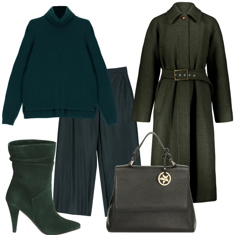 Outfit donna - Green day. Stile Minimal per Tutti i giorni. Abbinamento con maglieria, borse a mano, stivaletti, pantaloni a palazzo, cappotti.
