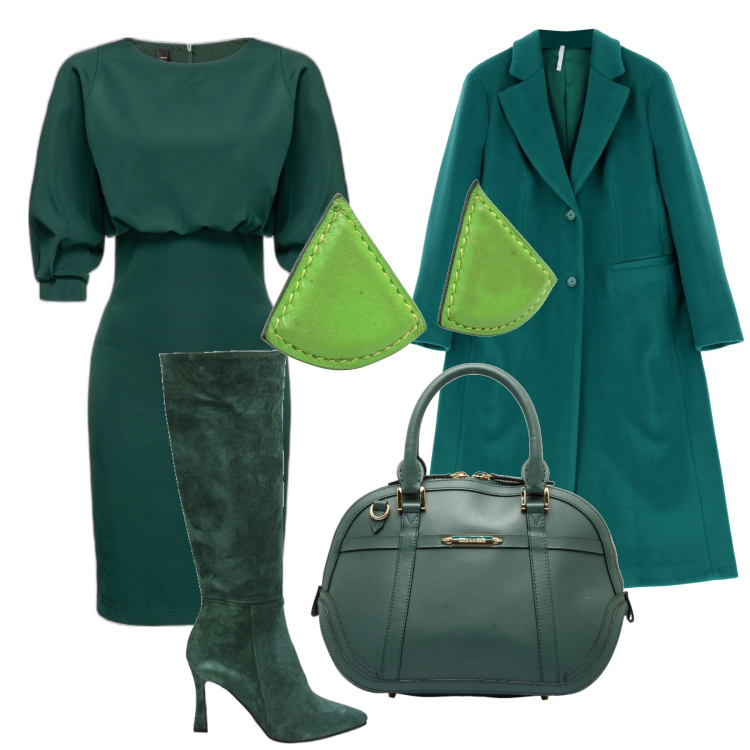 Outfit donna - Total Green. Stile Bon Ton per Tutti i giorni. Abbinamento con orecchini, borse a mano, vestiti midi/longuette, cappotti, stivali.