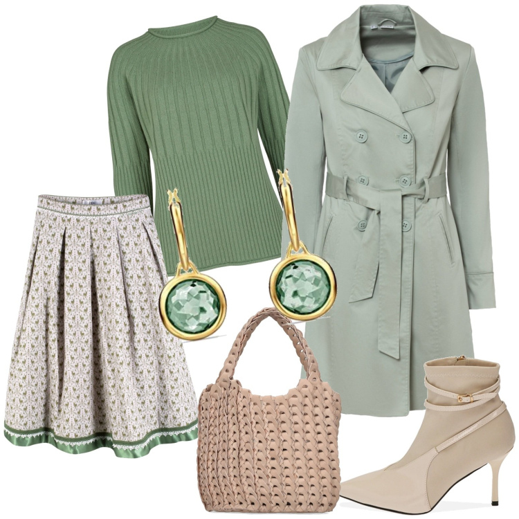 Outfit donna - Total look #1785020. Stile Casual per Serata fuori. Abbinamento con gonne longuette, trench, maglieria, stivaletti, orecchini, borse a mano.