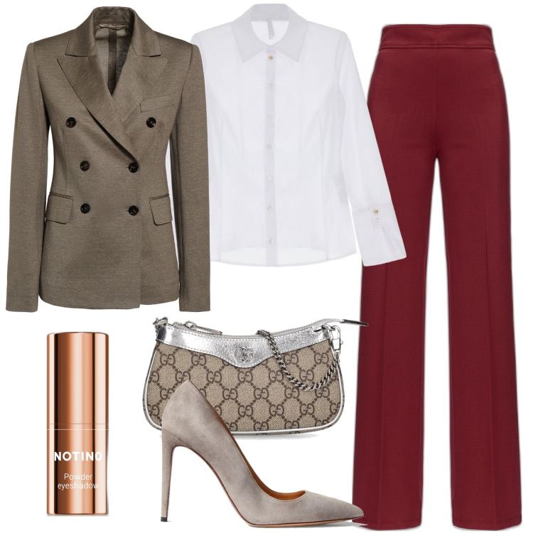 Outfit donna - Total look #1785038. Stile Casual chic per Tutti i giorni. Abbinamento con ombretti, pantaloni, camicie, décolleté, giacche, borse a spalla.