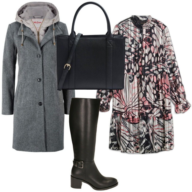 Outfit donna - Total look #1785042. Stile Trendy per Tutti i giorni. Abbinamento con cappotti, vestiti, shopping bag, stivali sopra il ginocchio.