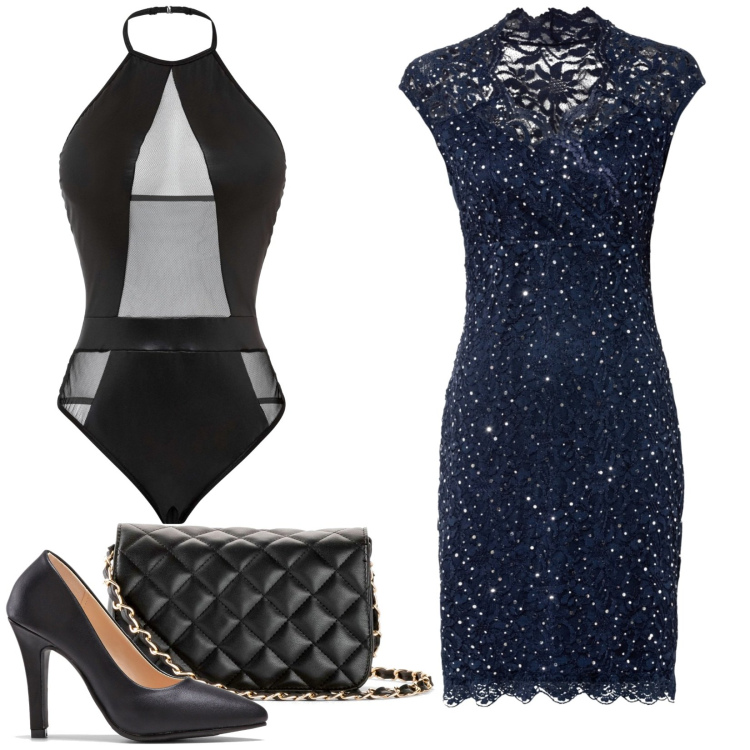 Outfit donna - Sexy e scintillante a Capodanno. Stile Sexy per Serata fuori. Abbinamento con body, borse a tracolla, vestiti, décolleté.