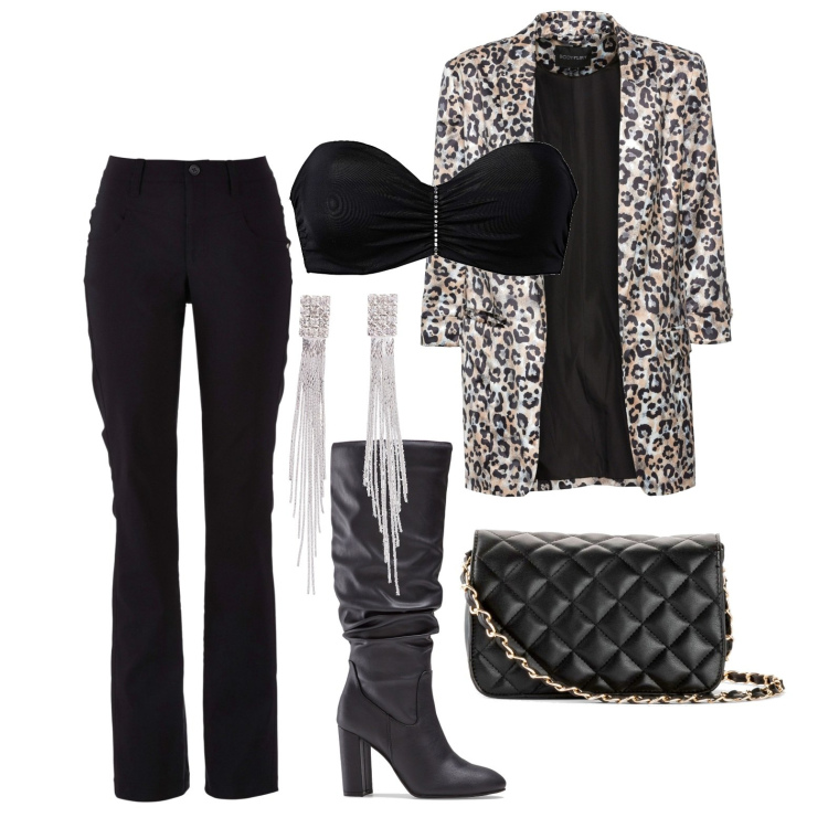 Outfit donna - Ghost outfitter - dicembre. Stile Glamour per Serata fuori. Abbinamento con pantaloni, reggiseni, borse a tracolla, orecchini, blazer, stivali sopra il ginocchio.