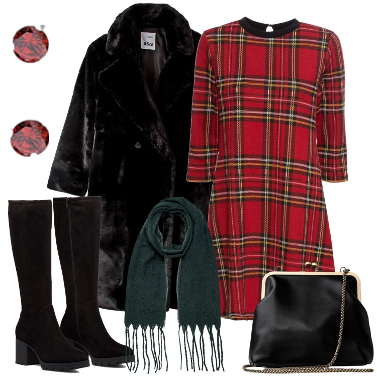 Outfit donna - Natale in famiglia. Stile Romantica per Tutti i giorni. Abbinamento con vestiti corti, ecopellicce, stivali, orecchini, clutch, sciarpe.