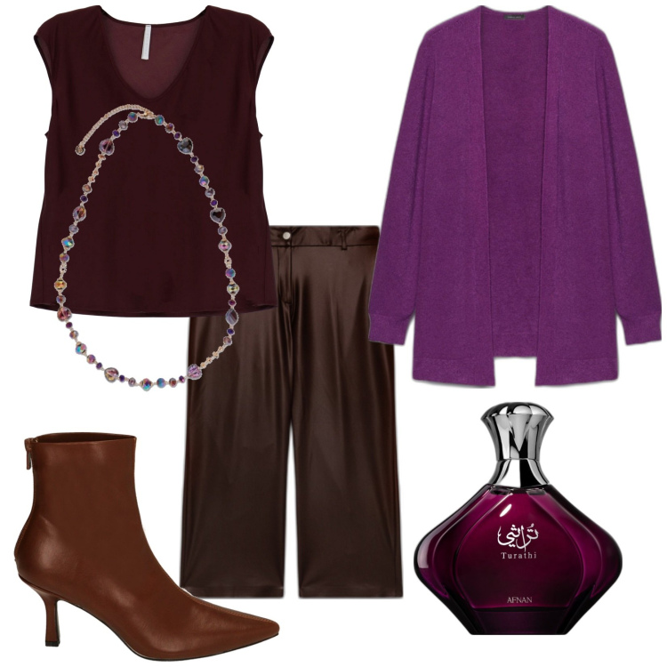 Outfit donna - Total look #1785076. Stile Vintage retrò per Ufficio. Abbinamento con profumi, canottiere, stivaletti, pantaloni, cardigans, collane.