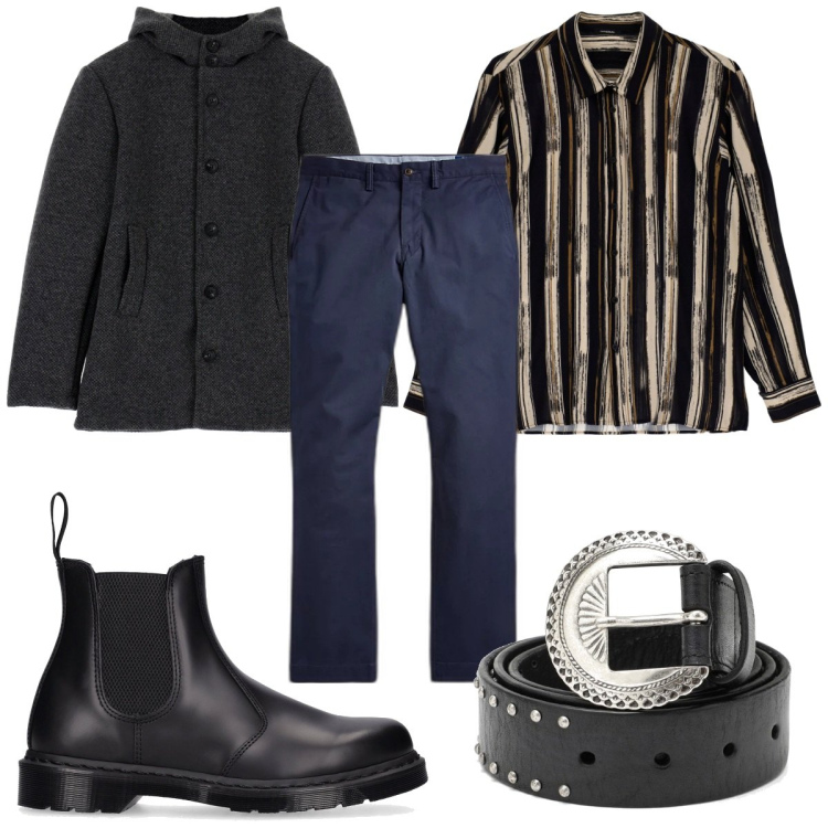 Outfit uomo - Un party con i colleghi. Stile Trendy per Serata speciale. Abbinamento con camicie, cappotti, pantaloni, stivali e stivaletti, cinture.