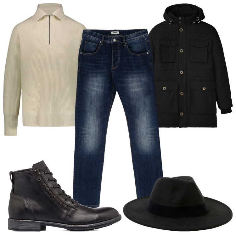 Outfit uomo - Total look #1785109. Stile Trendy per Tutti i giorni. Abbinamento con parka, jeans dritti, cappelli, anfibi, maglieria.