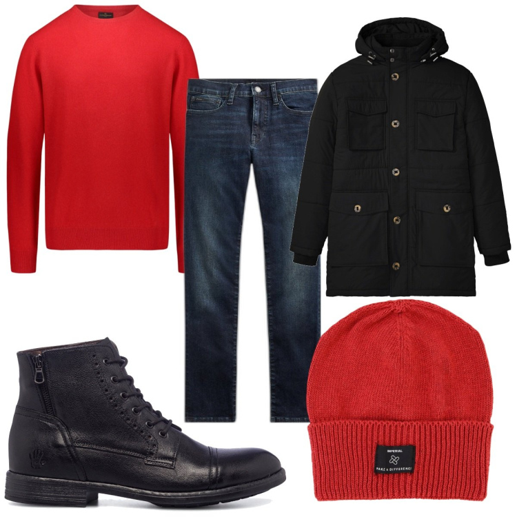 Outfit uomo - Total look #1785123. Stile Trendy per Tutti i giorni. Abbinamento con parka, berretti, anfibi, maglieria, jeans.