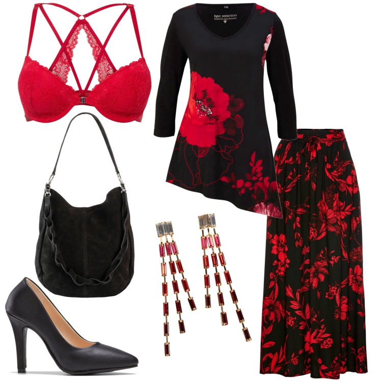 Outfit donna - Intimo rosso. Stile Chic per Serata fuori. Abbinamento con gonne lunghe, orecchini, maglieria, reggiseni, borse a mano, décolleté.
