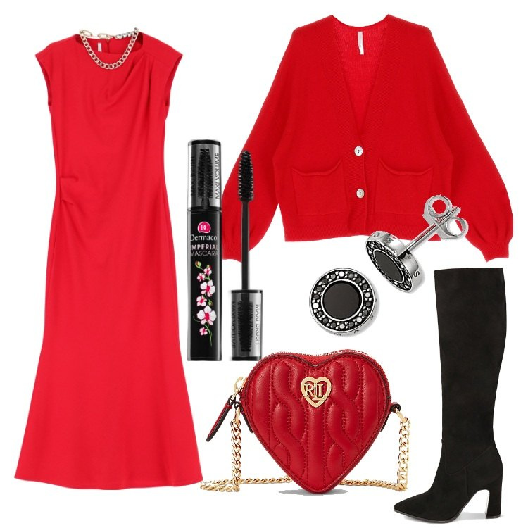 Outfit donna - 22 Dicembre - Brindisi con i colleghi. Stile Glamour per Ufficio. Abbinamento con mascara, vestiti midi/longuette, cardigans, stivali sopra il ginocchio, pochette, orecchini.