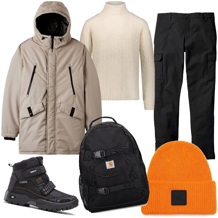 Outfit uomo - Il Parka-Dicembre. Stile Casual per Tutti i giorni. Abbinamento con stivali e stivaletti, pantaloni cargo, parka, cappelli, maglieria, borse sportive.