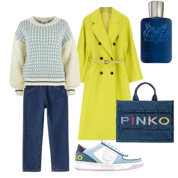 Outfit donna - colori d\'inverno. Stile Sporty chic per Tutti i giorni. Abbinamento con profumi, sneakers, shopping bag, cappotti, maglieria, jeans.