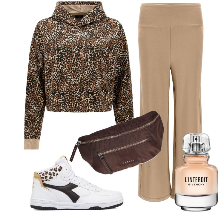 Outfit donna - Sportiva. Stile Sporty chic per Tutti i giorni. Abbinamento con profumi, felpe con cappuccio, pantaloni, sneakers alte, marsupi.