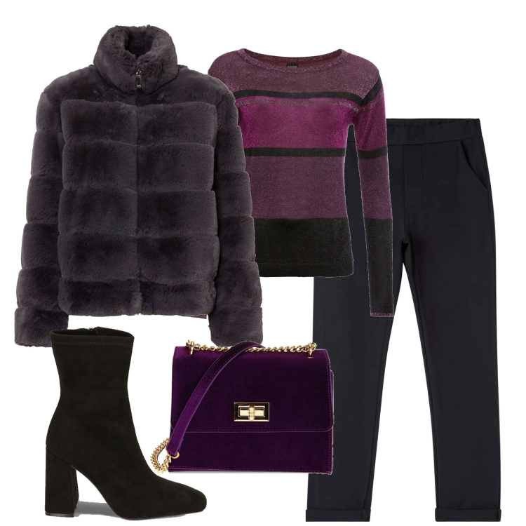 Outfit donna - A cena. Stile Casual chic per Serata fuori. Abbinamento con maglieria, ecopellicce, pantaloni, borse a tracolla, stivaletti.