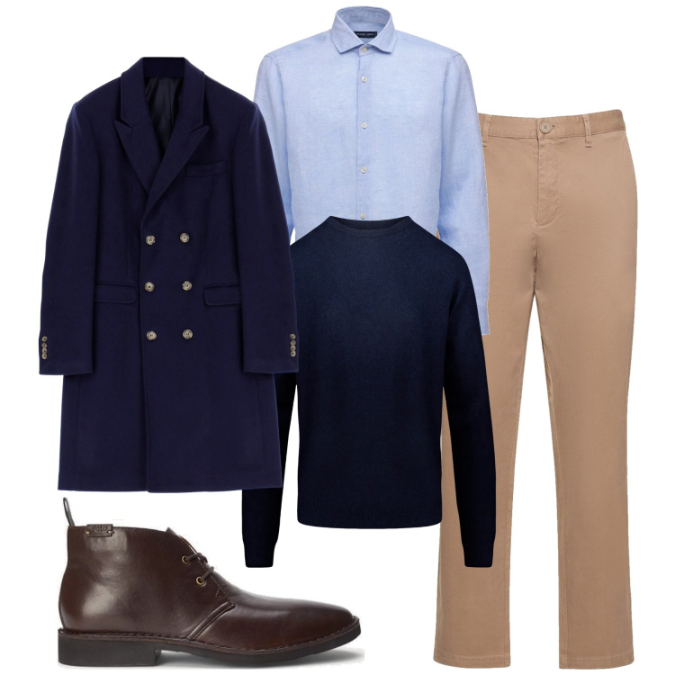 Outfit uomo - Total look #1785211. Stile Business/Elegante per Ufficio. Abbinamento con cappotti, stivali e stivaletti, maglieria, camicie, pantaloni chino.