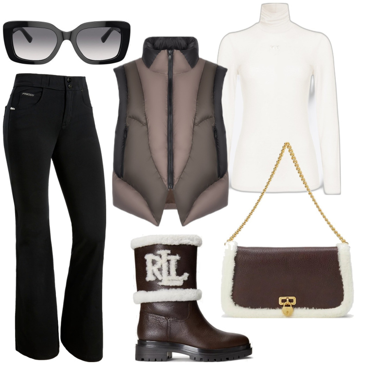 Outfit donna - In montagna. Stile Sporty chic per Tutti i giorni. Abbinamento con maglieria, pantaloni, borse a spalla, occhiali da sole, stivali sopra il ginocchio, piumini.