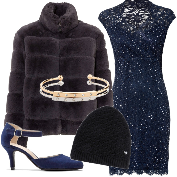Outfit donna - All\'alba di capodanno. Stile Bon Ton per Serata fuori. Abbinamento con ecopellicce, berretti, vestiti, décolleté, braccialetti.