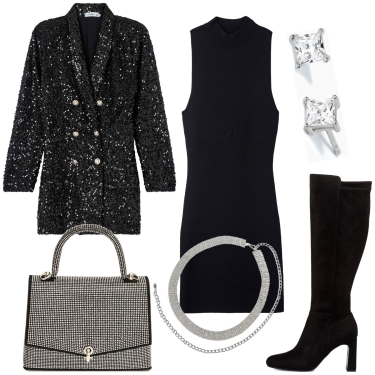 Outfit donna - Capodanno. Stile Glamour per Serata fuori. Abbinamento con cinture, cappotti, vestiti senza maniche, orecchini, borse a mano, stivali.