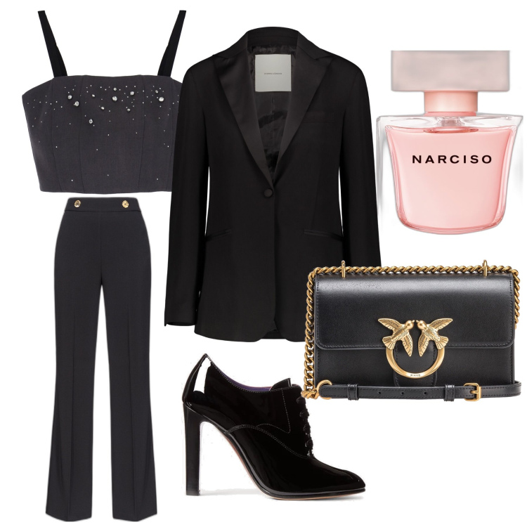 Outfit donna - Con il tacco. Stile Glamour per Serata fuori. Abbinamento con profumi, borse a tracolla, pantaloni, top, décolleté, giacche.