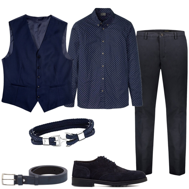 Outfit uomo - Elegantemente in blu. Stile Business/Elegante per Cerimonia. Abbinamento con camicie, scarpe stringate, cinture, pantaloni chino, braccialetti, gilet.