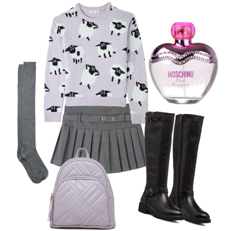 Outfit donna - Viola. Stile Casual chic per Scuola/Università. Abbinamento con profumi, maglieria, collant, minigonne, stivali sopra il ginocchio, zaini.