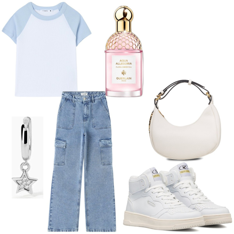 Outfit donna - Total look #1785240. per Tutti i giorni. Abbinamento con profumi, orecchini, t-shirt, jeans, borse a mano, sneakers alte.