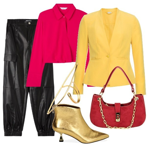 Outfit donna - Feste in vista. Stile Chic per Ufficio. Abbinamento con blazer, bluse, pantaloni cargo, borse a spalla, stivaletti, anelli.