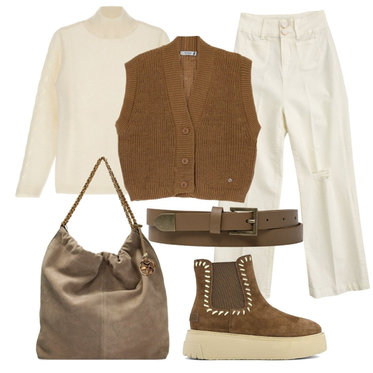 Outfit donna - Il gilet in maglia. Stile Casual per Tutti i giorni. Abbinamento con pantaloni capri, gilet, maglieria, borse a spalla, stivaletti, cinture.
