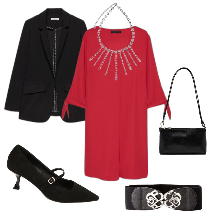 Outfit donna - Elegantemente Natale!. Stile Chic per Serata fuori. Abbinamento con cinture, décolleté, vestiti, blazer, collane, borse a spalla.
