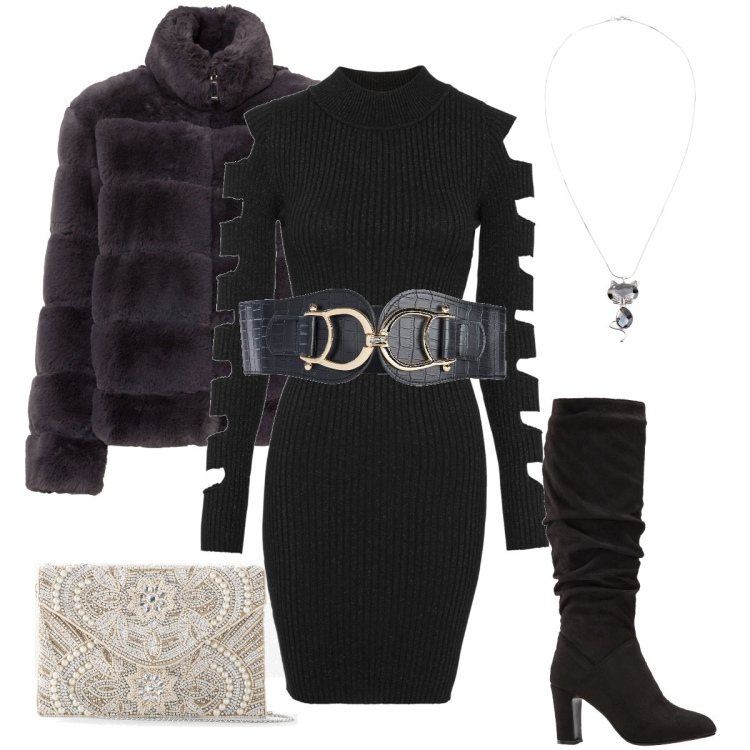 Outfit donna - Capodanno con bonprix. Stile Sexy per Serata fuori. Abbinamento con ecopellicce, pochette, vestiti, cinture, stivali sopra il ginocchio, collane.